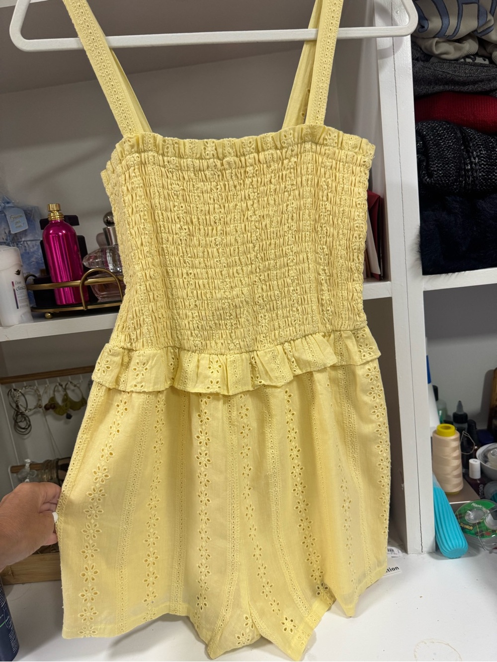 Lush Yellow Eyelet Smocked Cotton Romper Size M - Picture 3 of 7